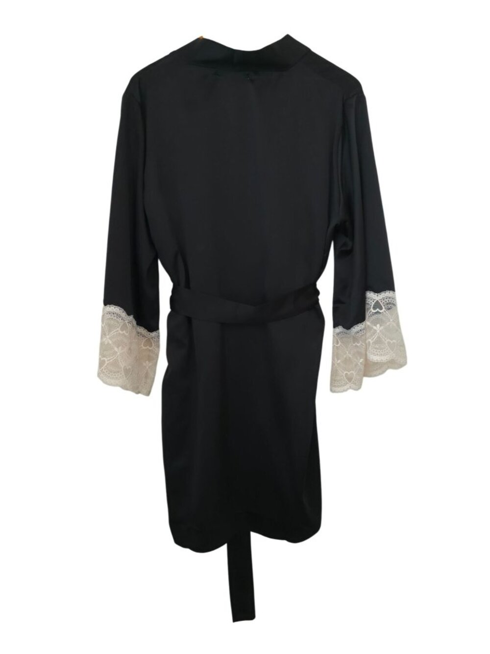 Flora Nikrooz Kit Matte Charmeuse Wrap Robe w/ Heart-Patterned Lace Trim Sleeves - Picture 2 of 7